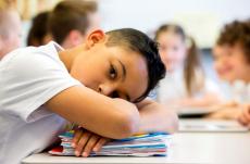 Young male student resting head on desk